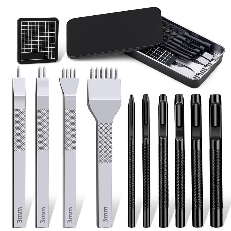 MORFEN Leather Stitching Punch Hole Punch Tool Set, 3mm 1/2/4/6 Prong Punch Chisel, Round Hole Punch for Belt, Watch Band, Leather Strap DIY Crafts - Image 1